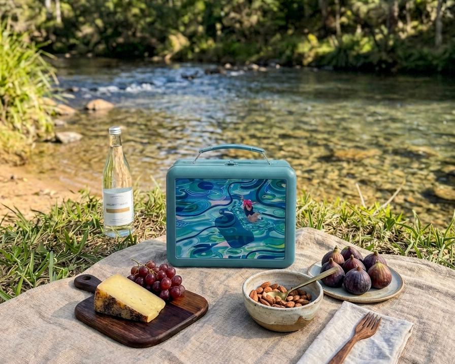A  blue rectangular picnic box with a colorful illustration sits on a beige picnic blanket by a river, surrounded by food items including cheese, grapes, nuts, and a bottle, with a forest backdrop.