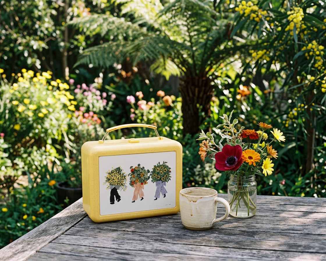 A yellow vintage-style hard case with a white front panel and illustrated figures holding flower bouquets sits on a wooden table outdoors. A ceramic mug and a small glass vase of mixed flowers are beside it, with a lush garden background of green foliage and yellow flowers.